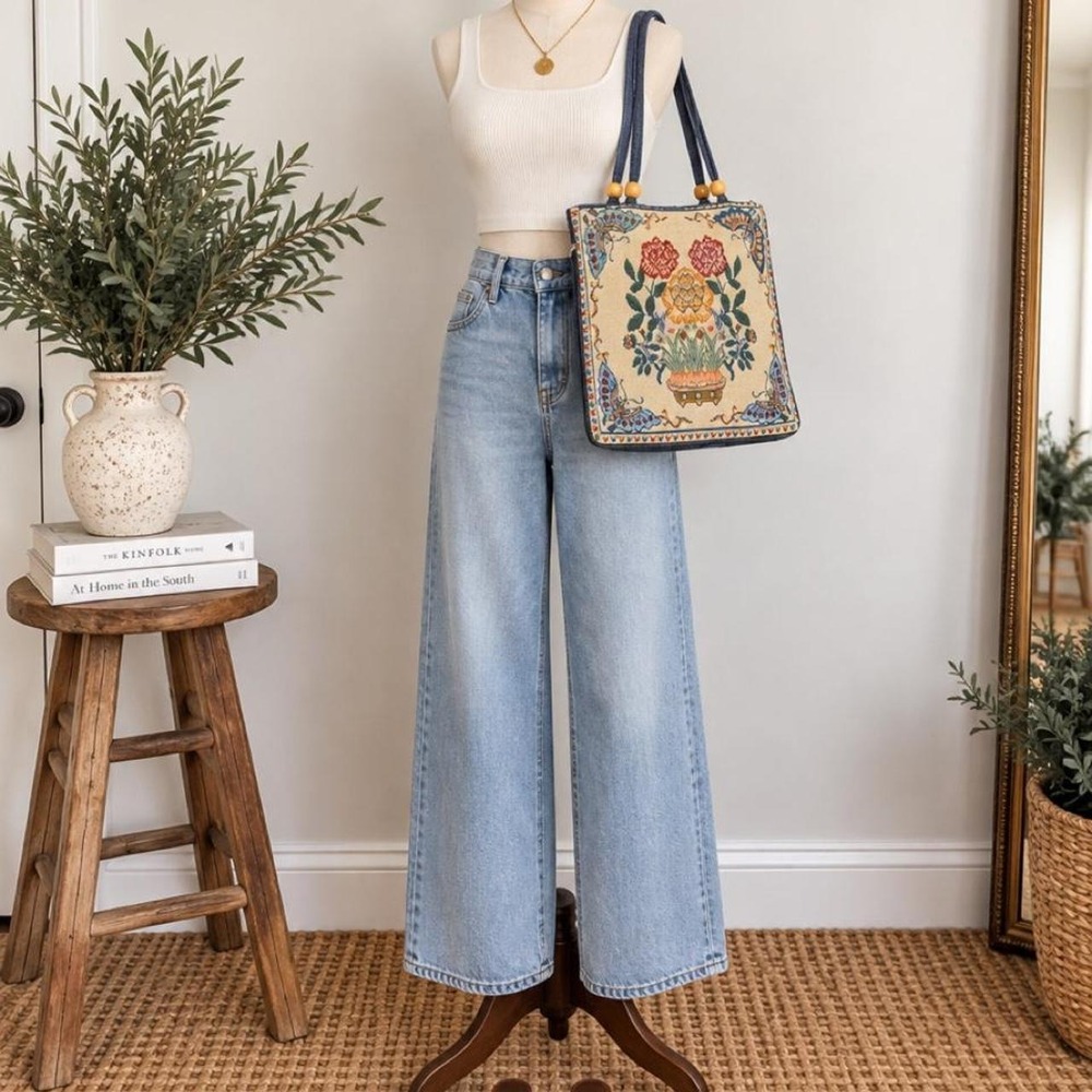 Vintage-Style Floral Tapestry Tote Bag